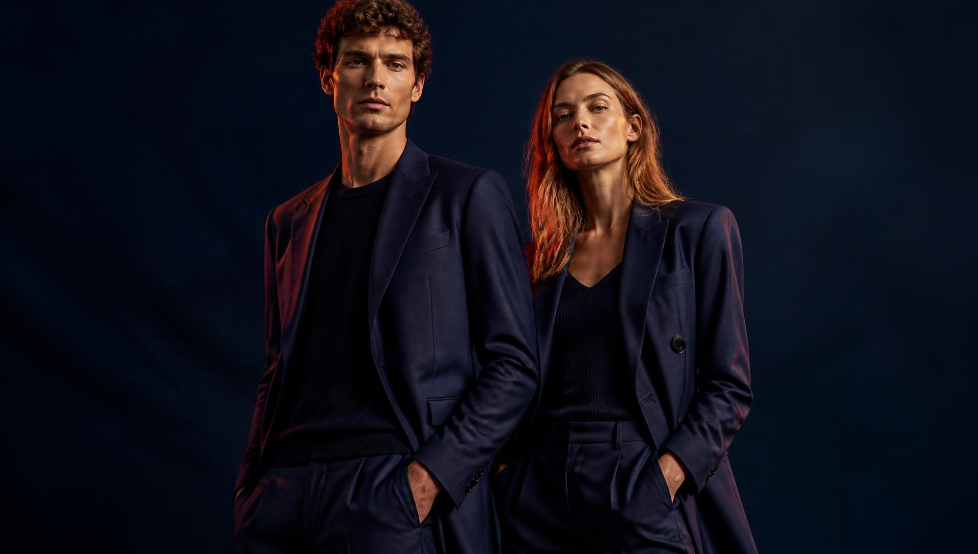 Two models wearing ZARQ tailoring against a midnight backdrop